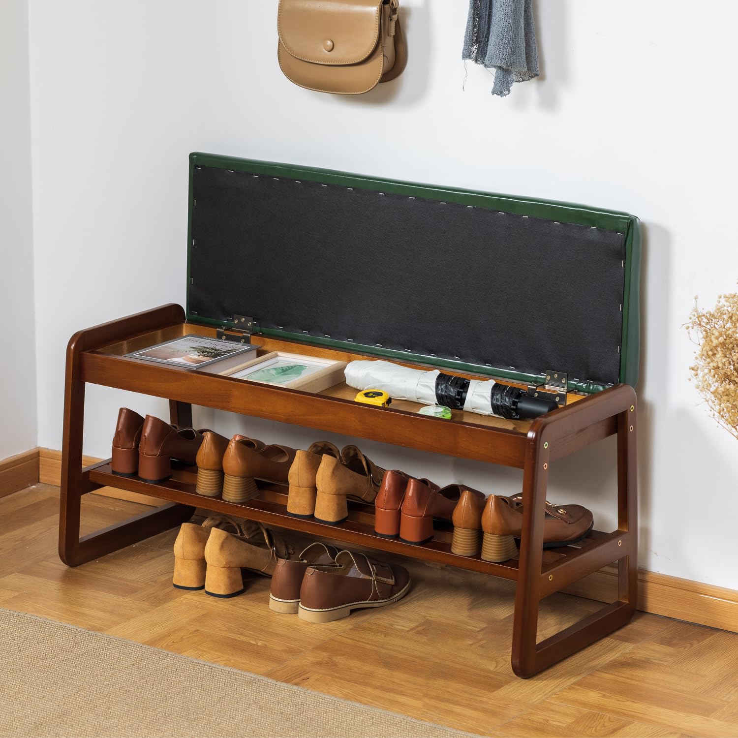 SOBIBO Solid Wood Shoe Bench, 2-Tier Entryway Bench with Cushion and Flip-Open Storage Box, Mid-Century Modern Shoe Bench Rack for Hallway