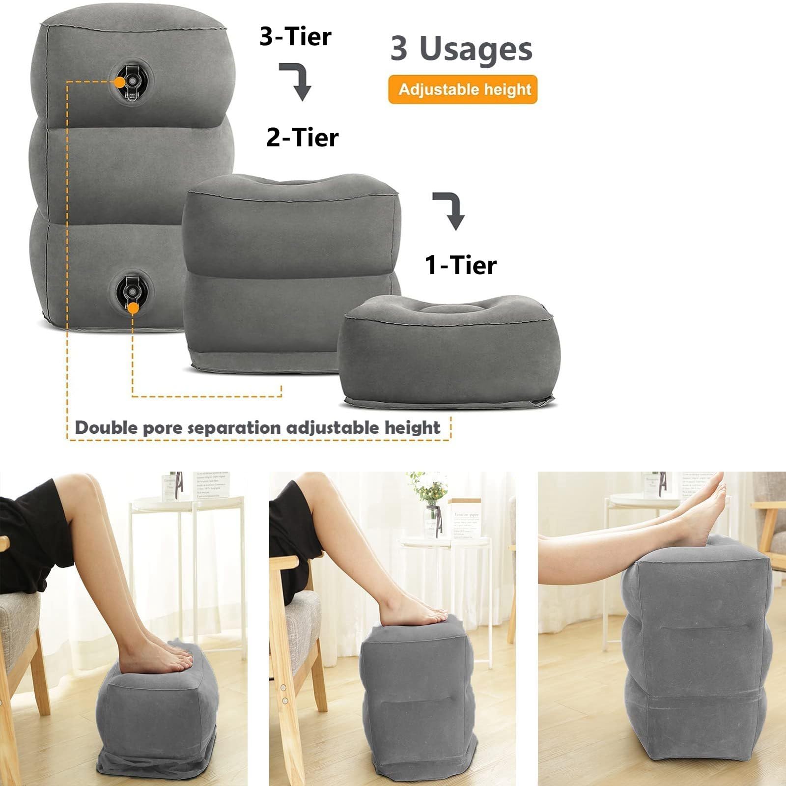 Inflatable Foot Rest Pillow, Airplane Travel Pillow, Multifunctional Adjustable 3 Layers Height Foot Rest