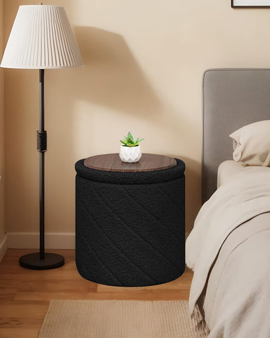 Bonlife Round Ottoman Stool with Storage Seat,Folding Footstool,Black,33cm