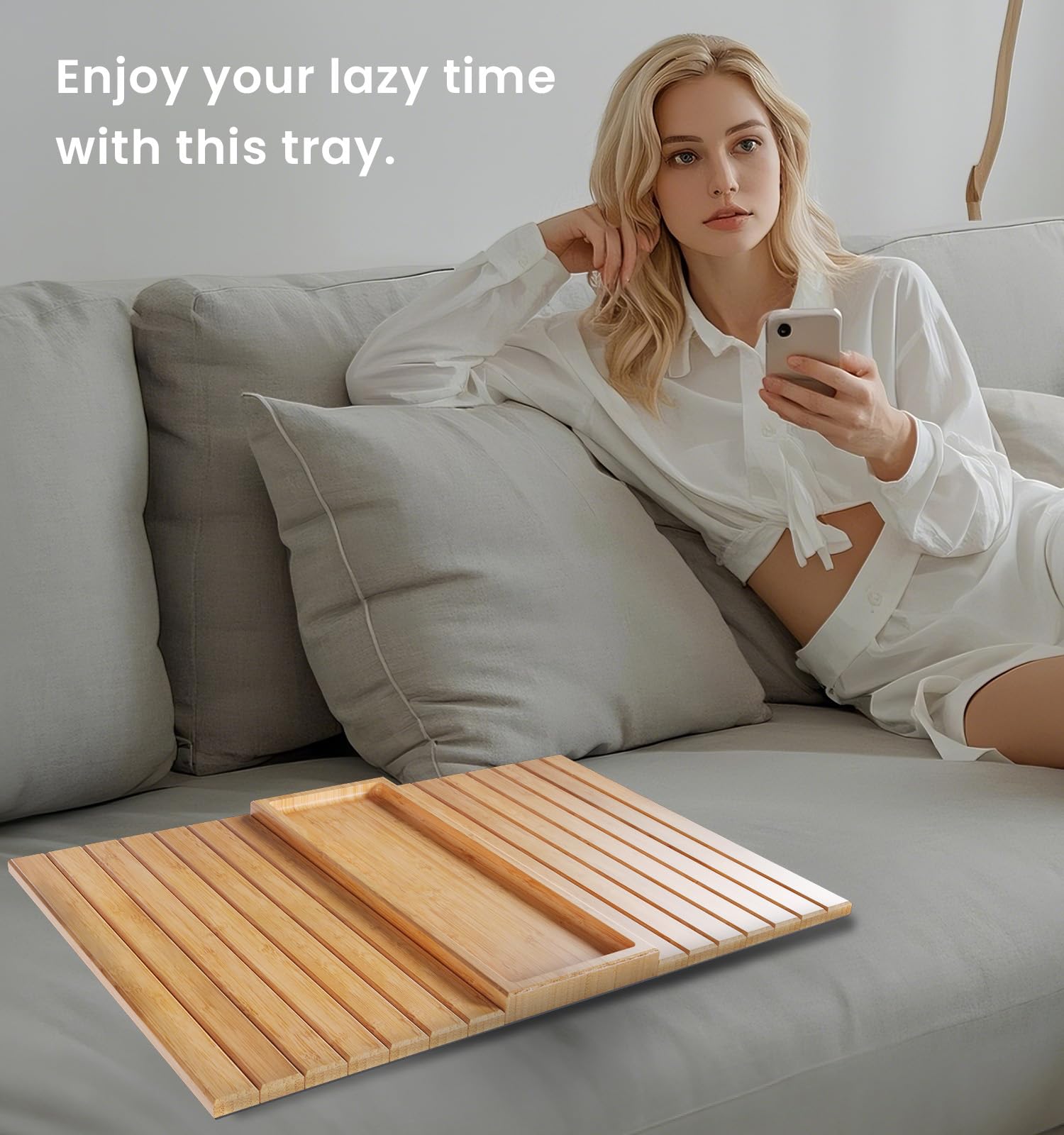 Fibogollo Sofa Arm Tray,Bamboo Folding Couch Arm Tray,1 Pc Sofa Armrest Tray with Anti-Slip Pad for Drinks,Snacks,Phone,Remote Control（Natural）