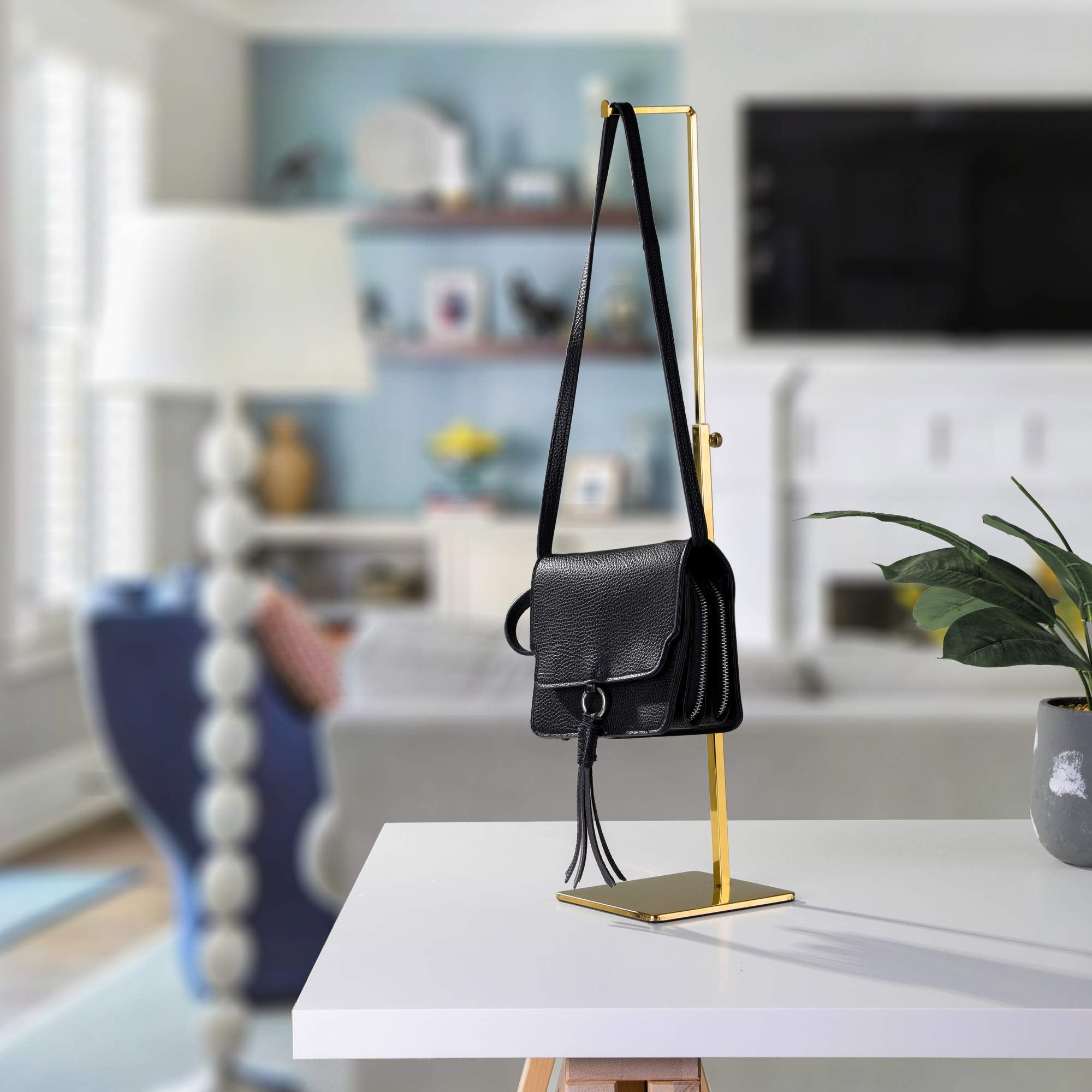 YIFU DISPLAY Purse Display Stand - 2 Pack Polished Gold Counter Adjustable Height Handbag Display Stand- Single Hanging Hook Bag Display