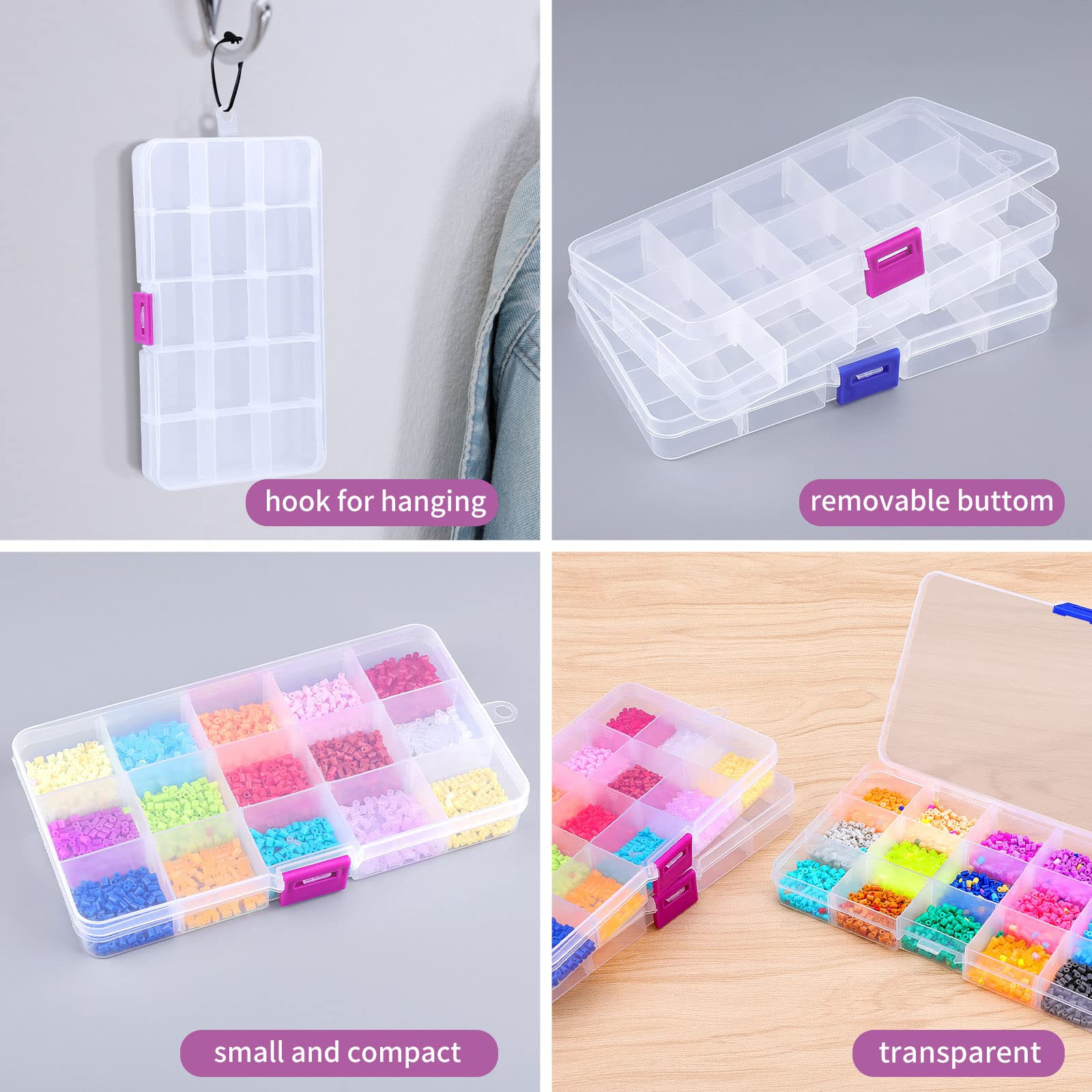 Opret 4 Pcs Bead Storage Box, 15 Grids Plastic Jewellery Organisers
