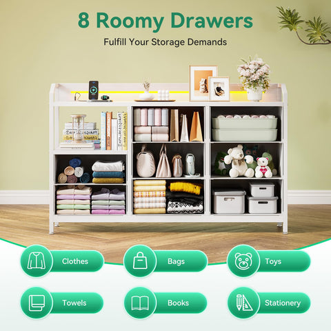 ODK Chest of Drawers Bedroom, 8 Fabric Drawers, 110x30x88cm, White