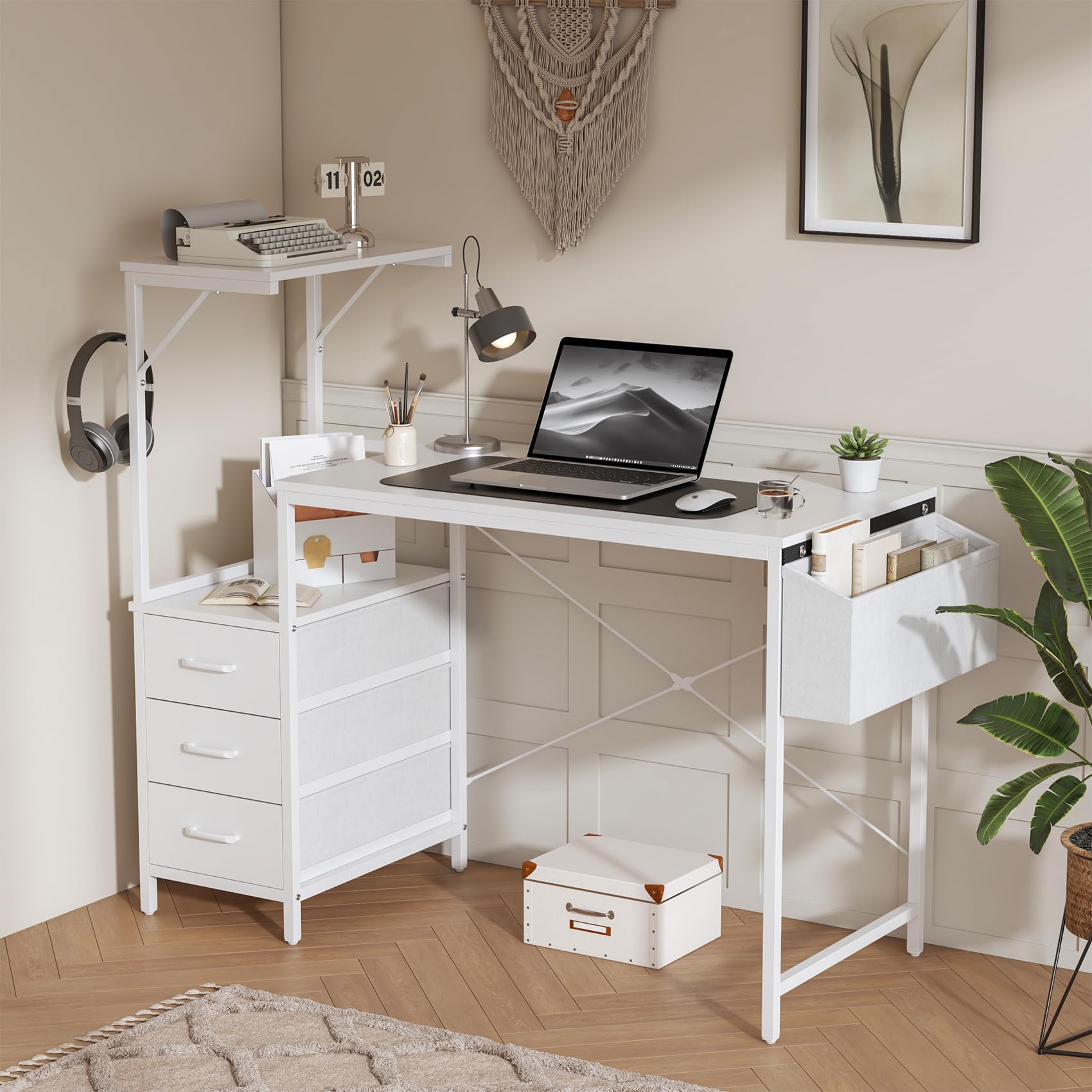 Feonase 47" Computer Desk with 3 Drawers & Shelf, Side Pocket, Dual-Panel 2-in-1 Design, Monitor Riser & Lamp Holder Compatible