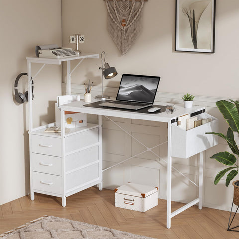 Feonase 47" Computer Desk with 3 Drawers & Shelf, Side Pocket, Dual-Panel 2-in-1 Design, Monitor Riser & Lamp Holder Compatible