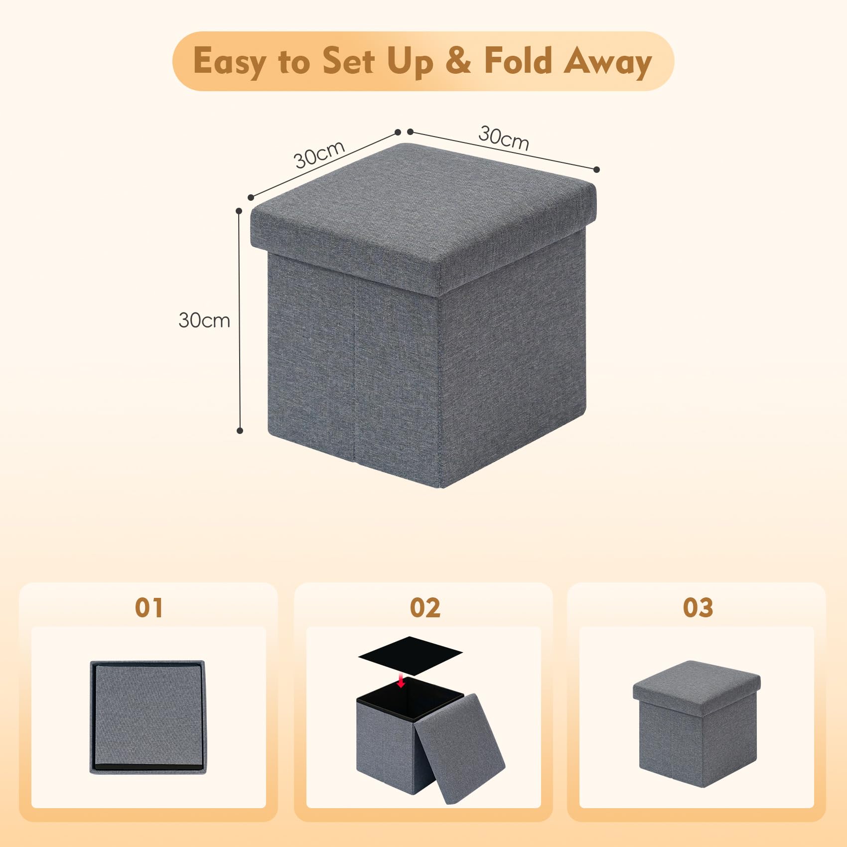 Bonlife Grey Small Ottoman Storage Box with Lid,Foot Rest Stool with Storage,Linen Toy Chest Box,Folding Footstool Cube Seat for Living Room 11.8"