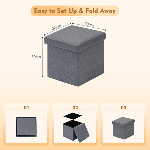 Bonlife Grey Small Ottoman Storage Box with Lid,Foot Rest Stool with Storage,Linen Toy Chest Box,Folding Footstool Cube Seat for Living Room 11.8"