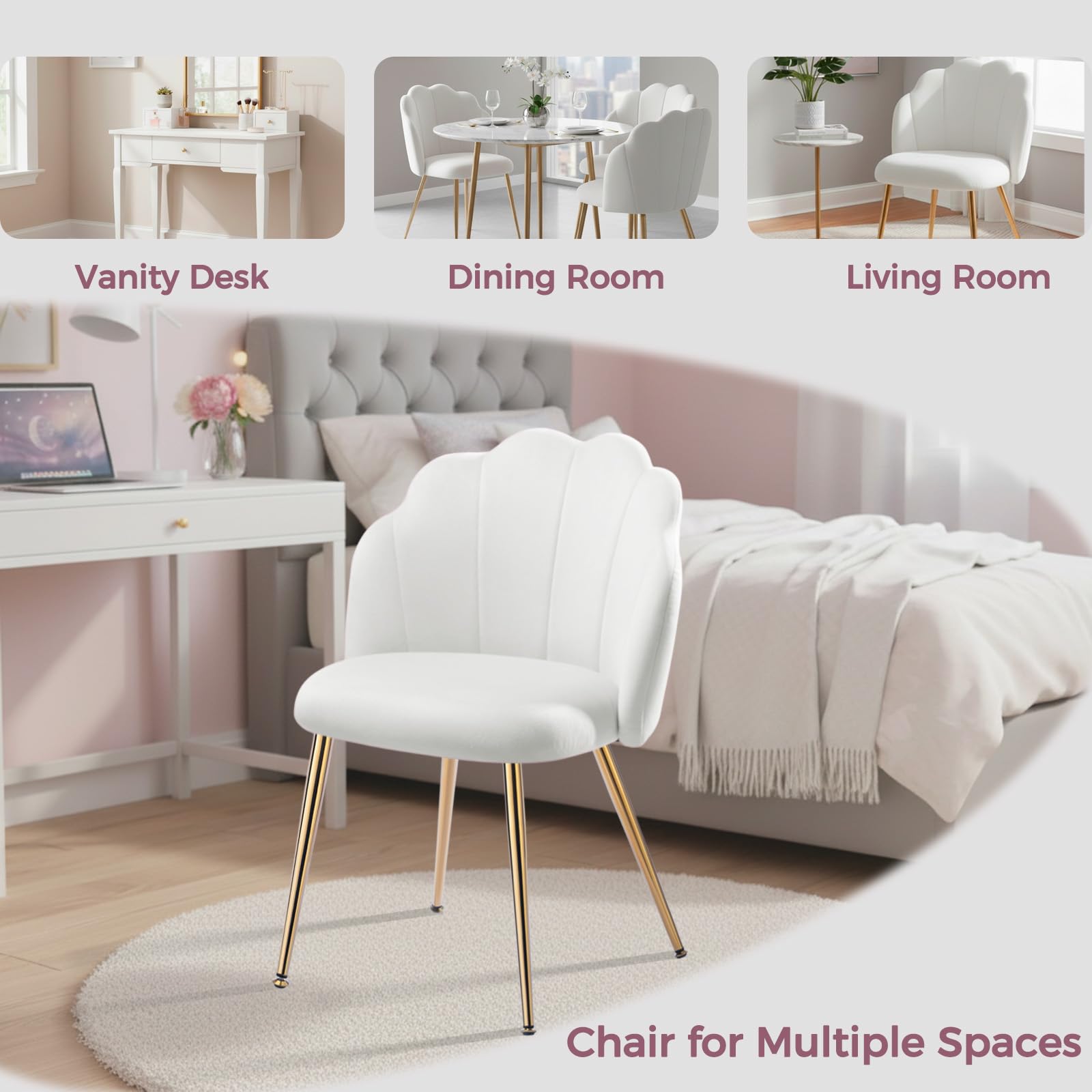 Eufurnibi Velvet Shell Chair with Gold Legs, Vanity Chair for Bedroom Dressing Table, White Upholstered Accent Chair for Living Room