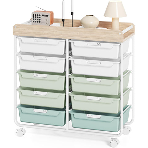10 Drawers Rolling Cart with Wooden Tabletop, Utility Storage Cart with Wheels, Art Supply Craft Organizer on Wheel with Metal Frame & Handles for