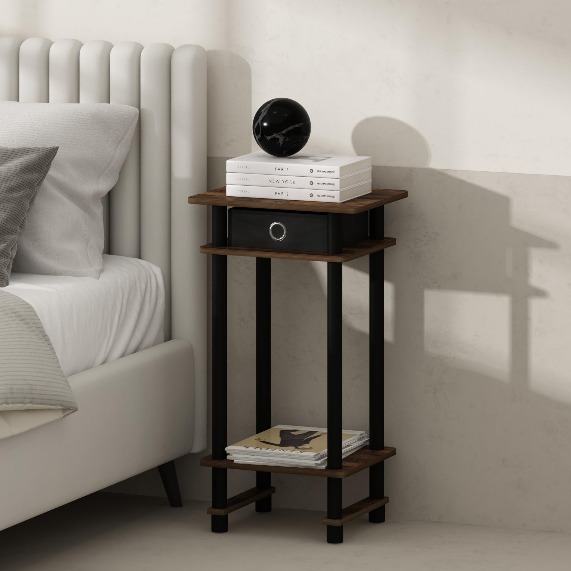 Furinno TURN-N-TUBE Night Stand Set of 2, 3-Tier Open Shelf Design Nightstand with Storage Bin, Tall Bedside Table, End Table, Side Table