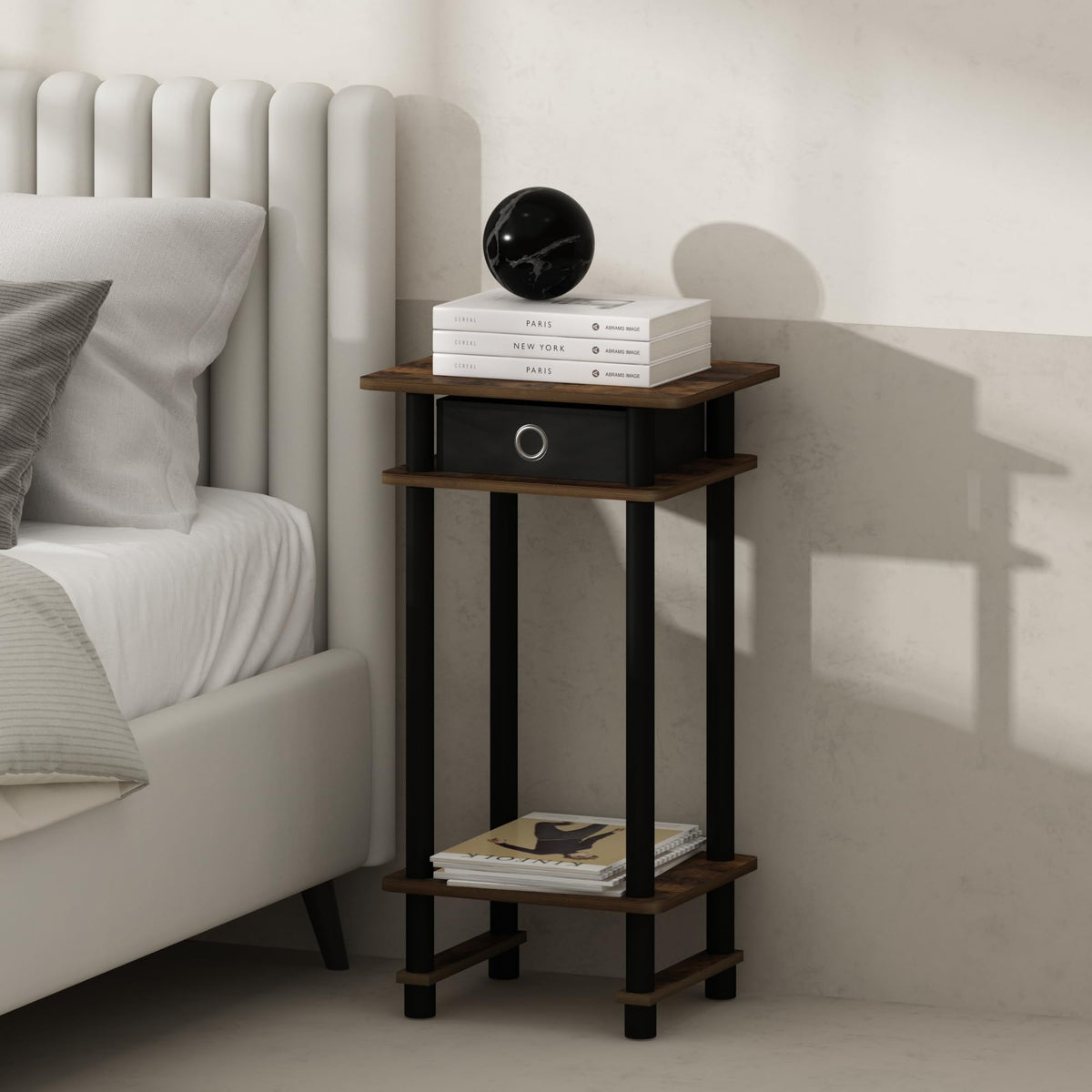 Furinno TURN-N-TUBE Night Stand Set of 2, 3-Tier Open Shelf Design Nightstand with Storage Bin, Tall Bedside Table, End Table, Side Table