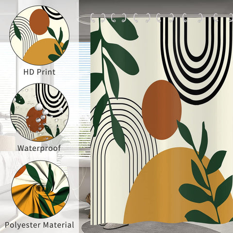 Hnmdmyi Boho Shower Curtain 180x180, Mid Century Abstract Arch Sun Green Leaf Beige Bathroom Curtains Modern Minimalist Aesthetic Art Waterproof