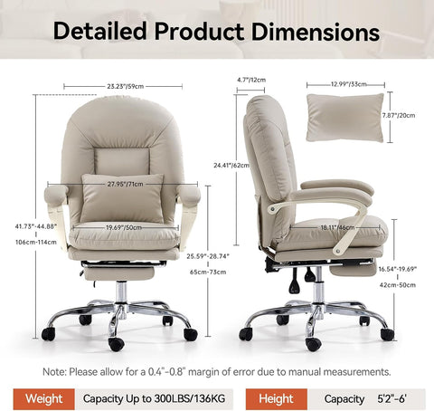 EMIAH Ergonomic Office Chair with Footrest, PU Leather, Beige