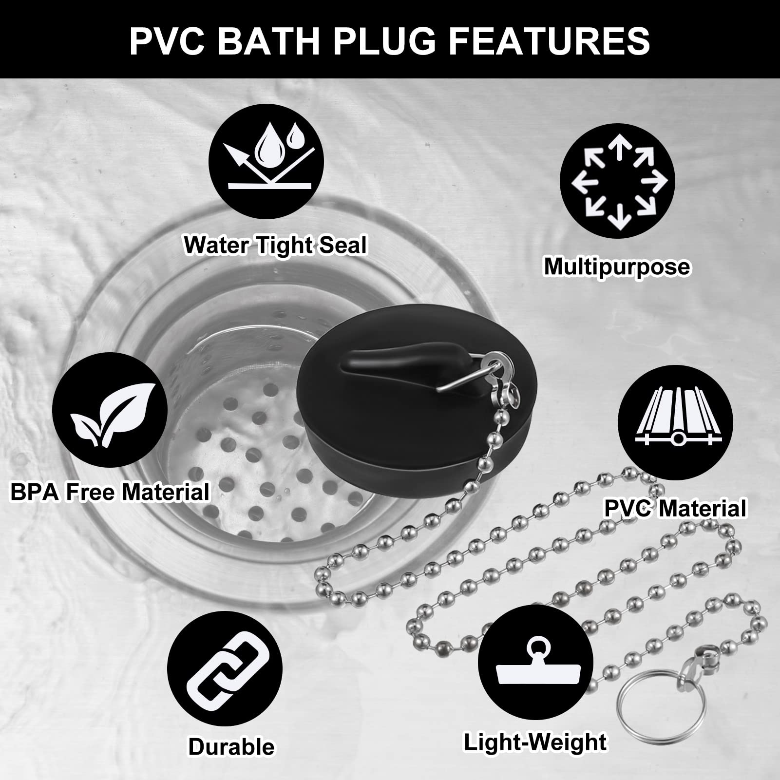 Fuyamp 2 Pcs Drain Stopper Sink Plug, Universal Bath Plug with Stainless Steel Chain and S-Shaped Hook,Drain Stopper For Bathtub Sink Bathroom
