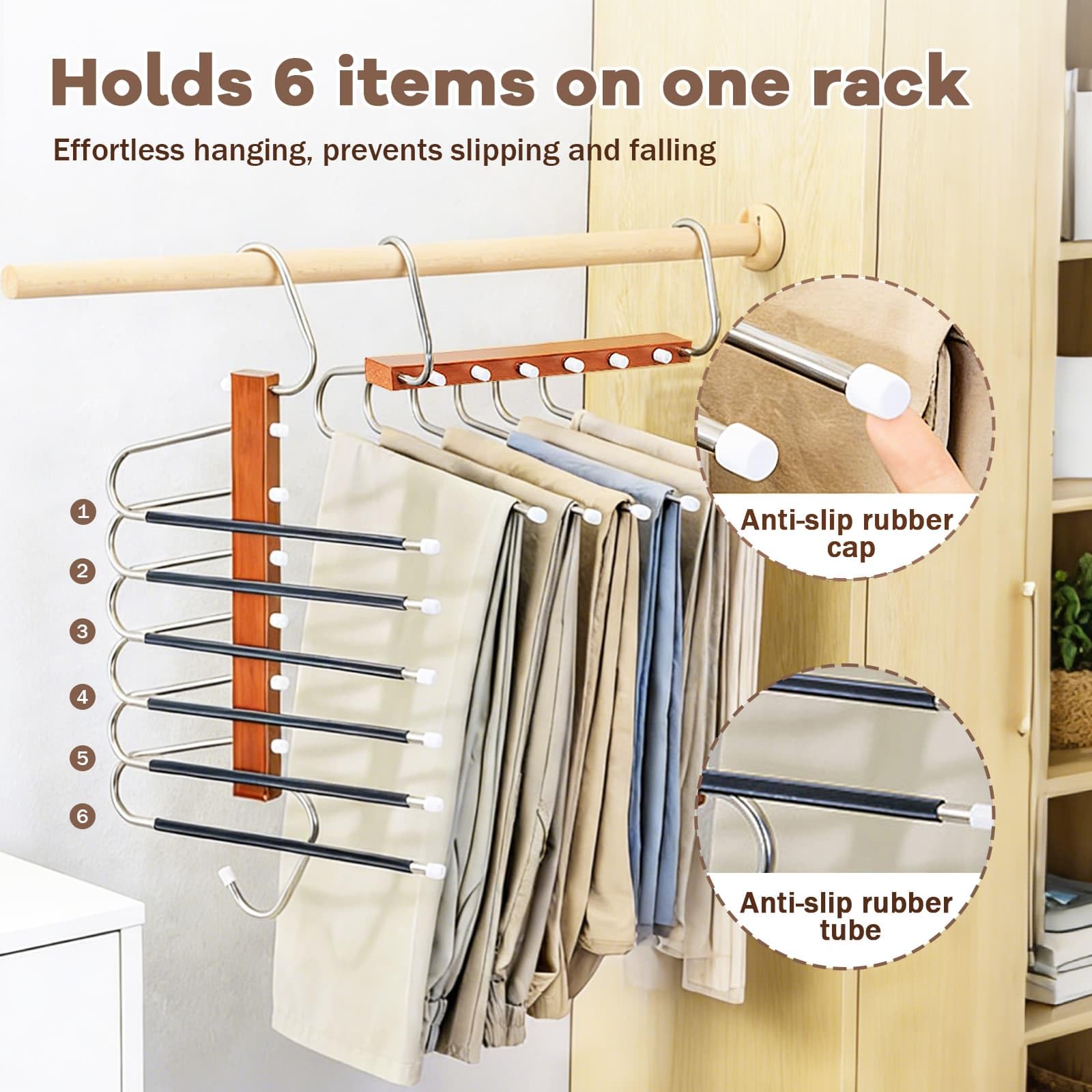Trouser Hangers Space-Saving, 2 Pack Wooden Foldable with Anti-Slip Hooks