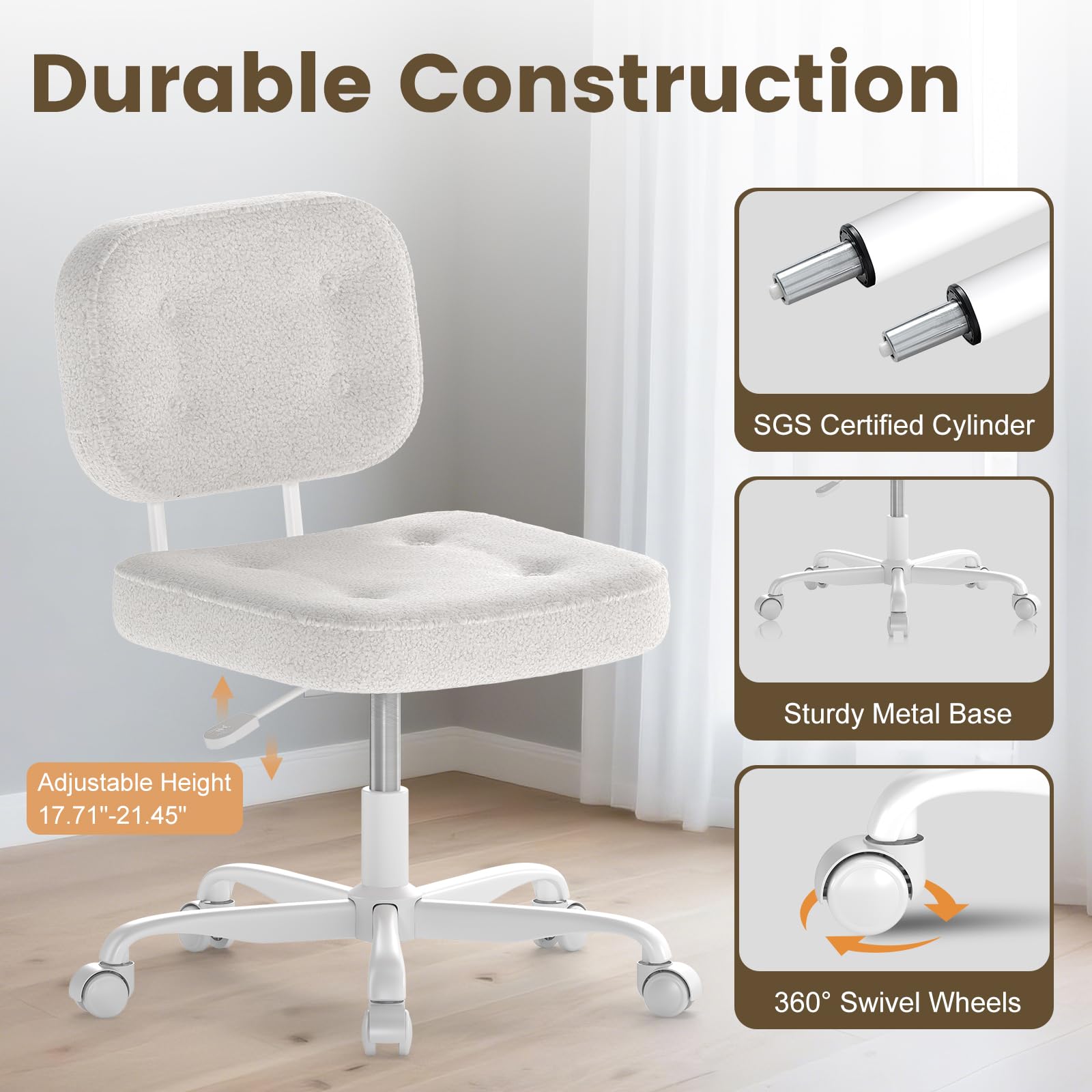 AnyGod Armless Desk Chair, Adjustable Swivel Task Seat, White Teddy-Fleece
