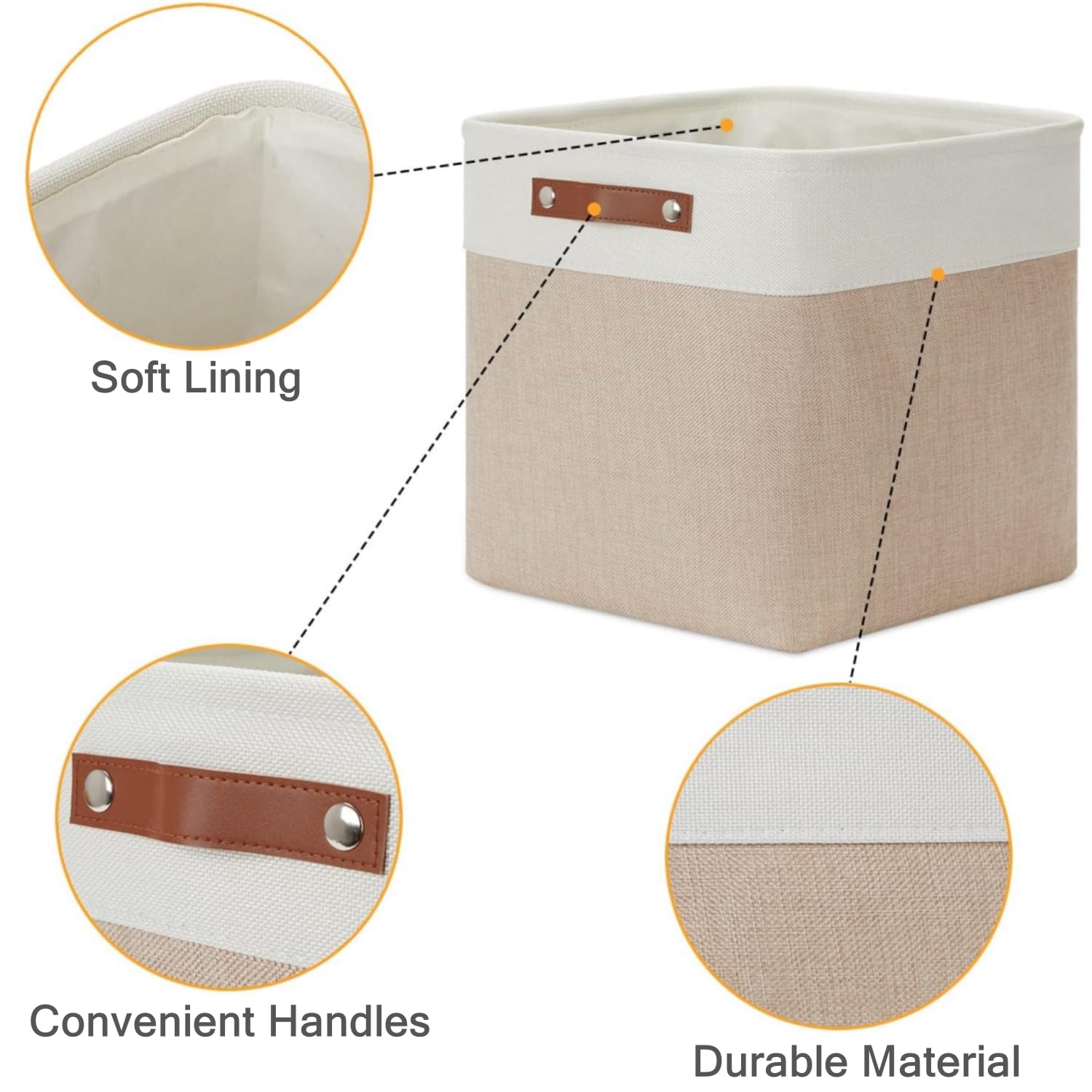 Mangata Collapsible Storage Cube Boxes, Linen Woven Fabric Storage Baskets, Cube Closet Organizer with Leather Handles (Light Khaki and White)