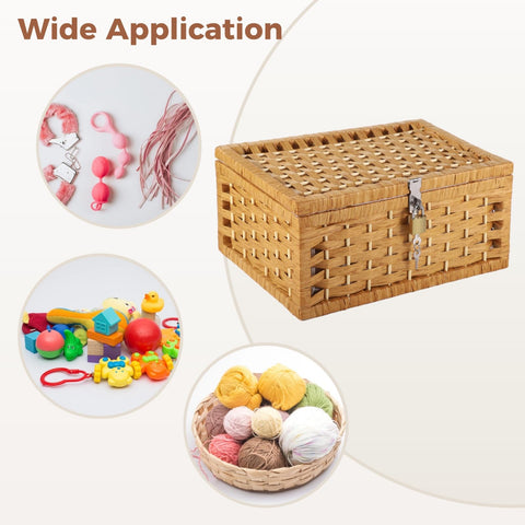 Wicker Basket with Lidt, Discreet Adult Toy Basket with Lid & Lock, Woven Paper Rope Organizer with Wooden Frame, Gray Floral Lining
