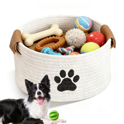 MHYMX Dog Toy Basket, Dog Toy Box 34 X 24 X 21cm Large Pet Toys Storage Boxes Puppy Blanket Basket with Handle Personalised Cotton Rope Organizer