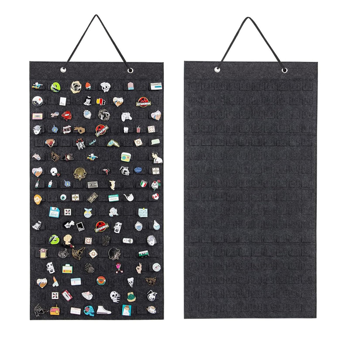 RJFUJP Pin Badge Display Canvas with Hook, 96 Slots Enamel Pin Display Board, Deep Grey Pin Badge Holder for Collecting and Showcasing Pins