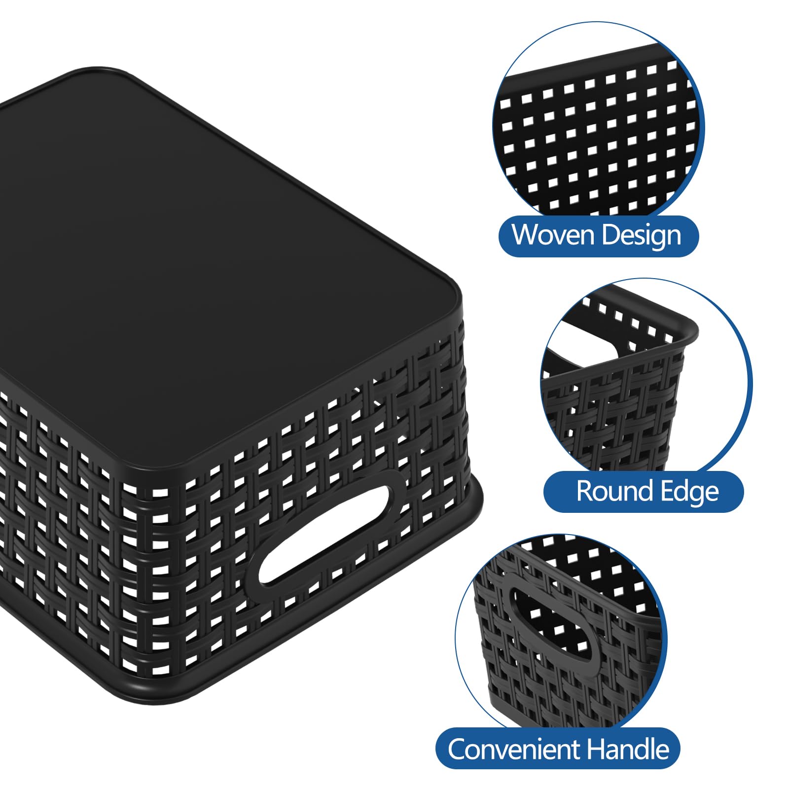 Udotry 6 Pack Plastic Weave Storage Basket Small Rattan Organizer Box Black