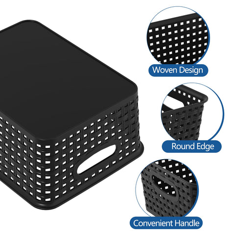Udotry 6 Pack Plastic Weave Storage Basket Small Rattan Organizer Box Black