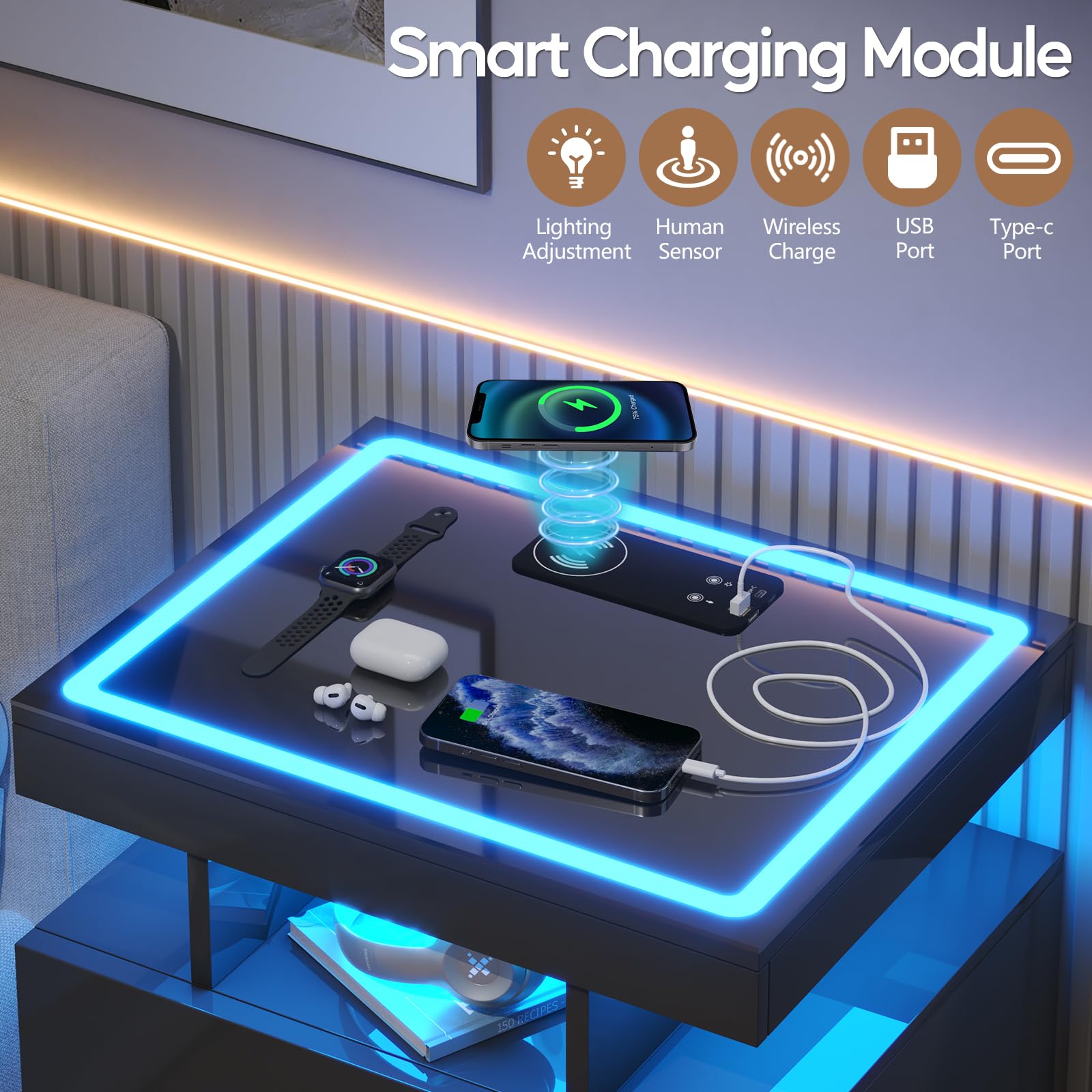 Gurexl LED Bedside Table with Glass Top and Wireless charging,Black