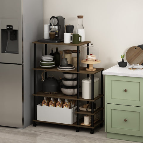 Furinno TURN-N-TUBE Bakers Rack with Wheels, 4-Tier Kitchen Storage Cart, Kitchen Cart, Coffee Bar, Pantry Organizers and Storage, Columbia Walnut