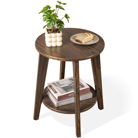 FEUFOAM Small Round Side Table Wooden End Table with Lower Shelf Modern Nightstand Bedside Tables for Small Spaces, Living Room, Bedroom Rustic Brown