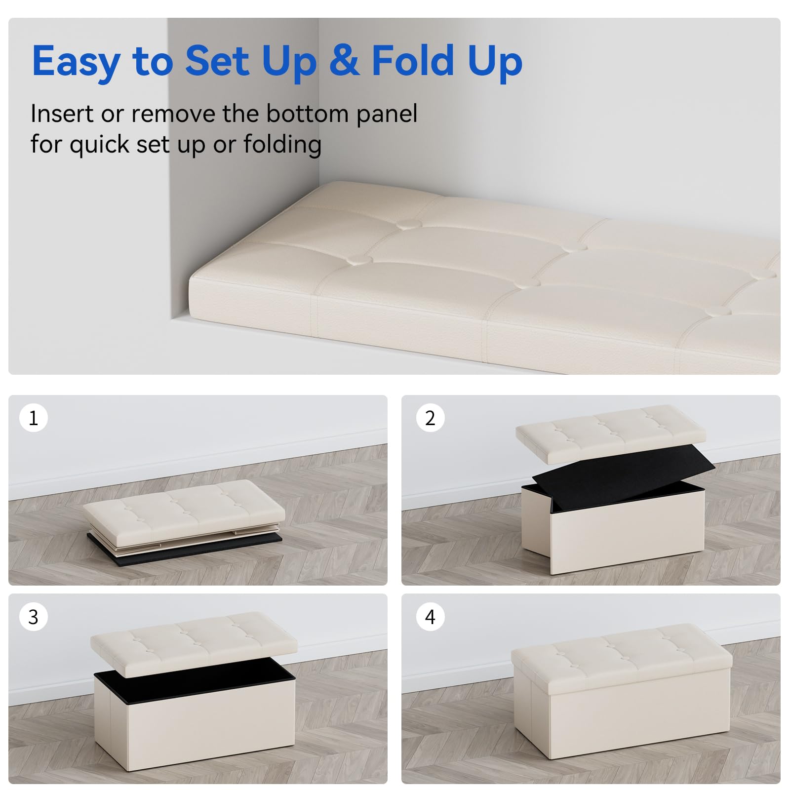 BRIAN & DANY Folding Ottoman Storage Bench with Lid, Foot Stool Faux Leather Large Storage boxes with Lid, Beige, 80 x 40 x 40 cm