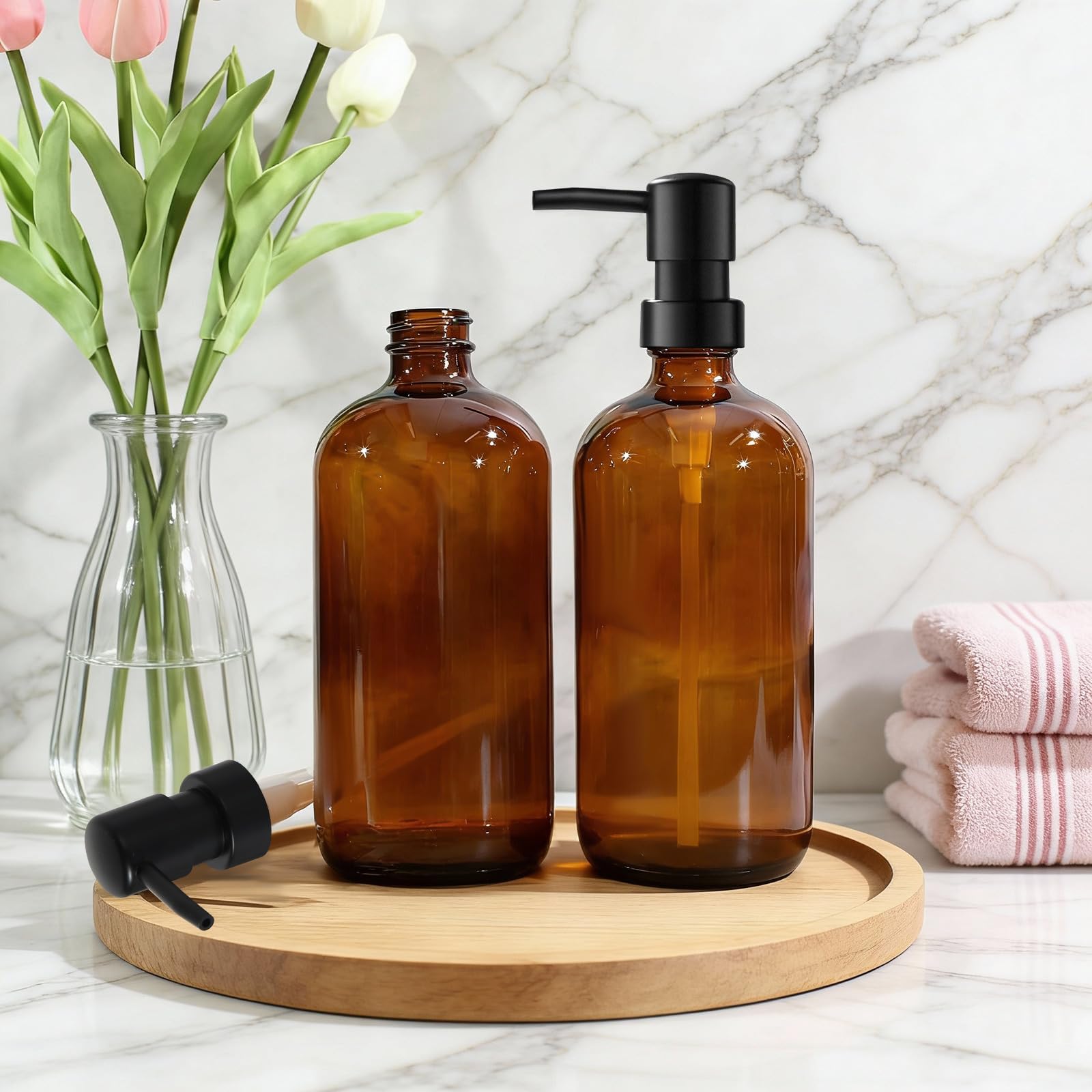 Hand Soap Dispenser,500ml Brown Glass Soap Dispensers, Washing Up Liquid Dispenser, Amber Glass Soap Dispensers Bottle with Pump And Label
