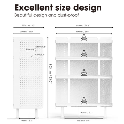 Fenge Bookshelf 4 Tiers Open Bookcase with Pegboard White