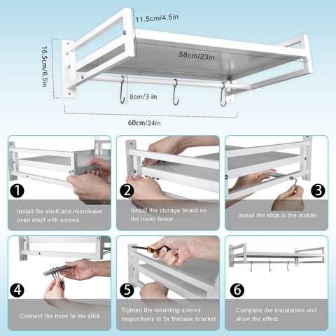 ABCOOL Wall Mount Microwave Oven Shelf Rack for Kitchen Home, Carbon Steel Counter Countertop Holder with Hook Rail and 3 Slidable Hooks