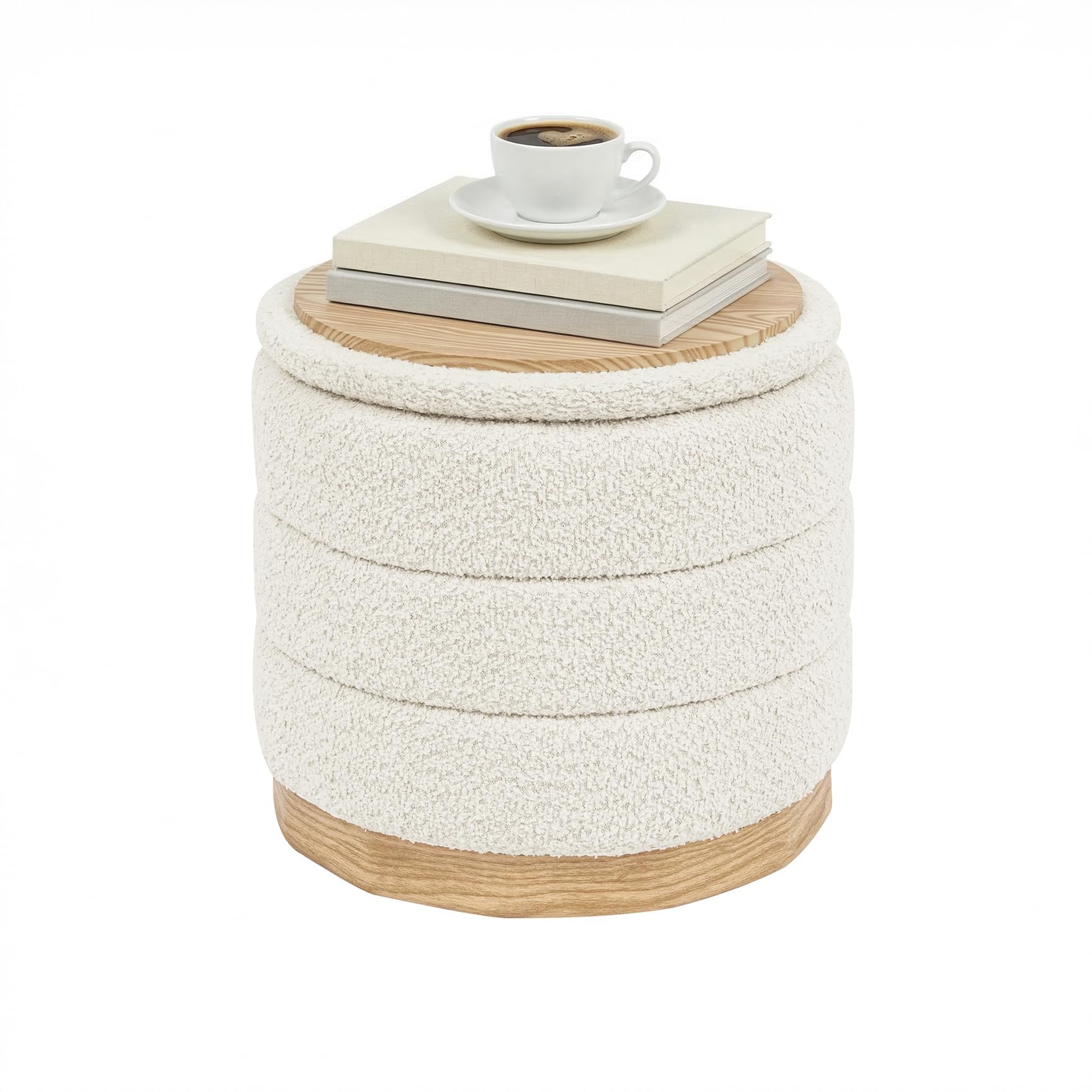 PINPLUS Round Chenille Storage Ottoman, Tray Top, 39x39x37 cm, Cream White