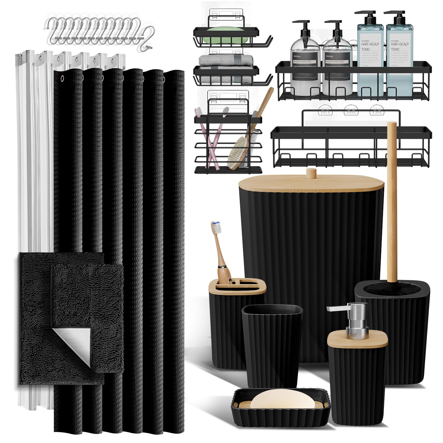 Shower Caddy and Bathroom Accessories Set with Bath Rugs 27PC Bathroom Accessory Set with Shower Caddies Black Bath Rugs, Shower Curtain Set