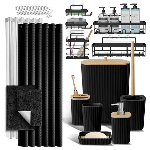 Shower Caddy and Bathroom Accessories Set with Bath Rugs 27PC Bathroom Accessory Set with Shower Caddies Black Bath Rugs, Shower Curtain Set