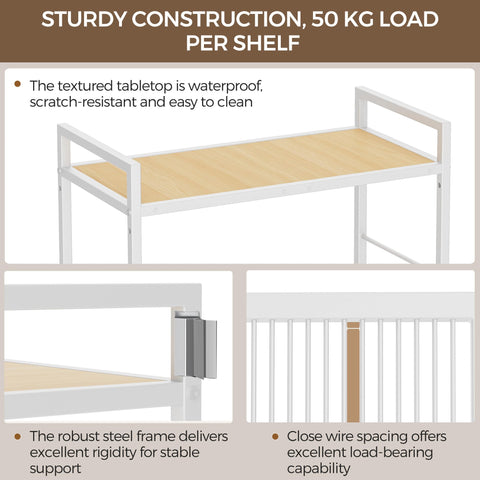 3-Tier kitchen trolley,Oak Wood Top,60W×30Dcm,4 Hooks, Adjustable Shelves