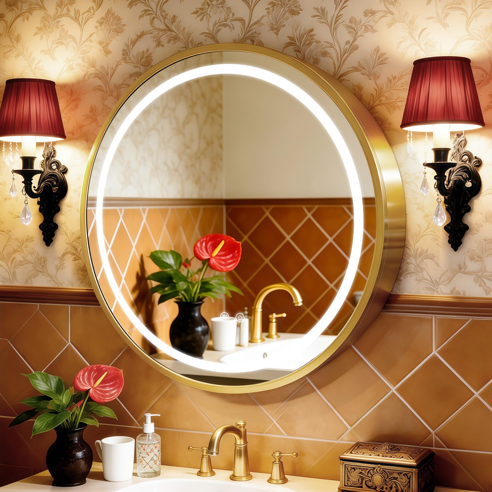 KAASUNES Round Mirror Cabinet with Light,Aluminum Framed,3 Colors Temperature&Dimmer,USB Shaver Socket,Defogger,66cm,Gold