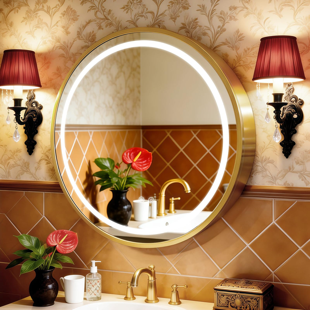KAASUNES Round Mirror Cabinet with Light,Aluminum Framed,3 Colors Temperature&Dimmer,USB Shaver Socket,Defogger,66cm,Gold