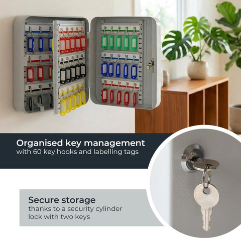 HMF Large Steel Key Cabinet, Lockable Key Storage Box for Hallway, Study or Garage | 60 Key Hooks | 30 x 24 x 7.5 cm | Light Grey