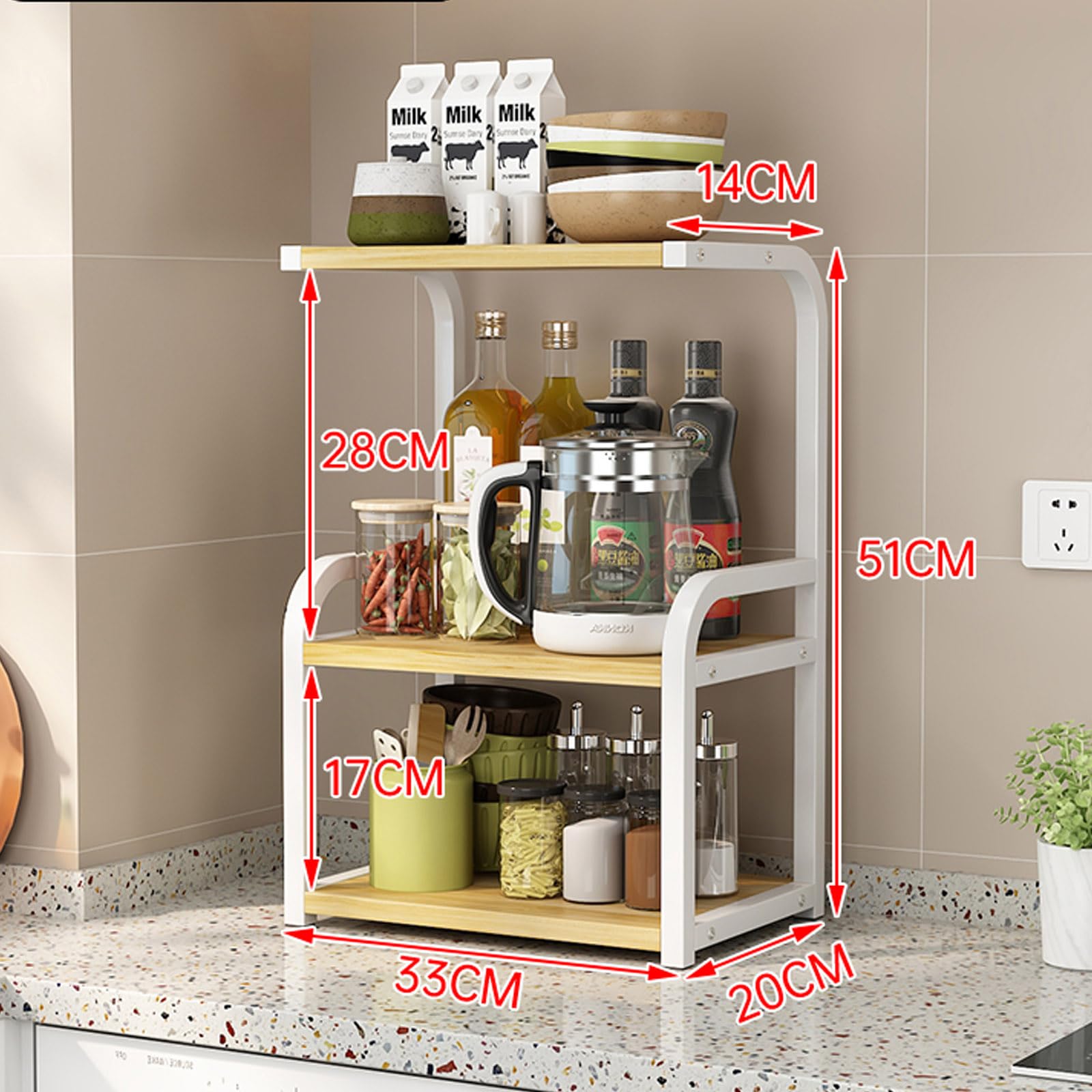 Numjeg Kitchen 3-Tier Spice Rack Metal Rack Counter Shelf Desktop Storage Small Organizer Standing Seasoning Countertop Living Room Desktop White