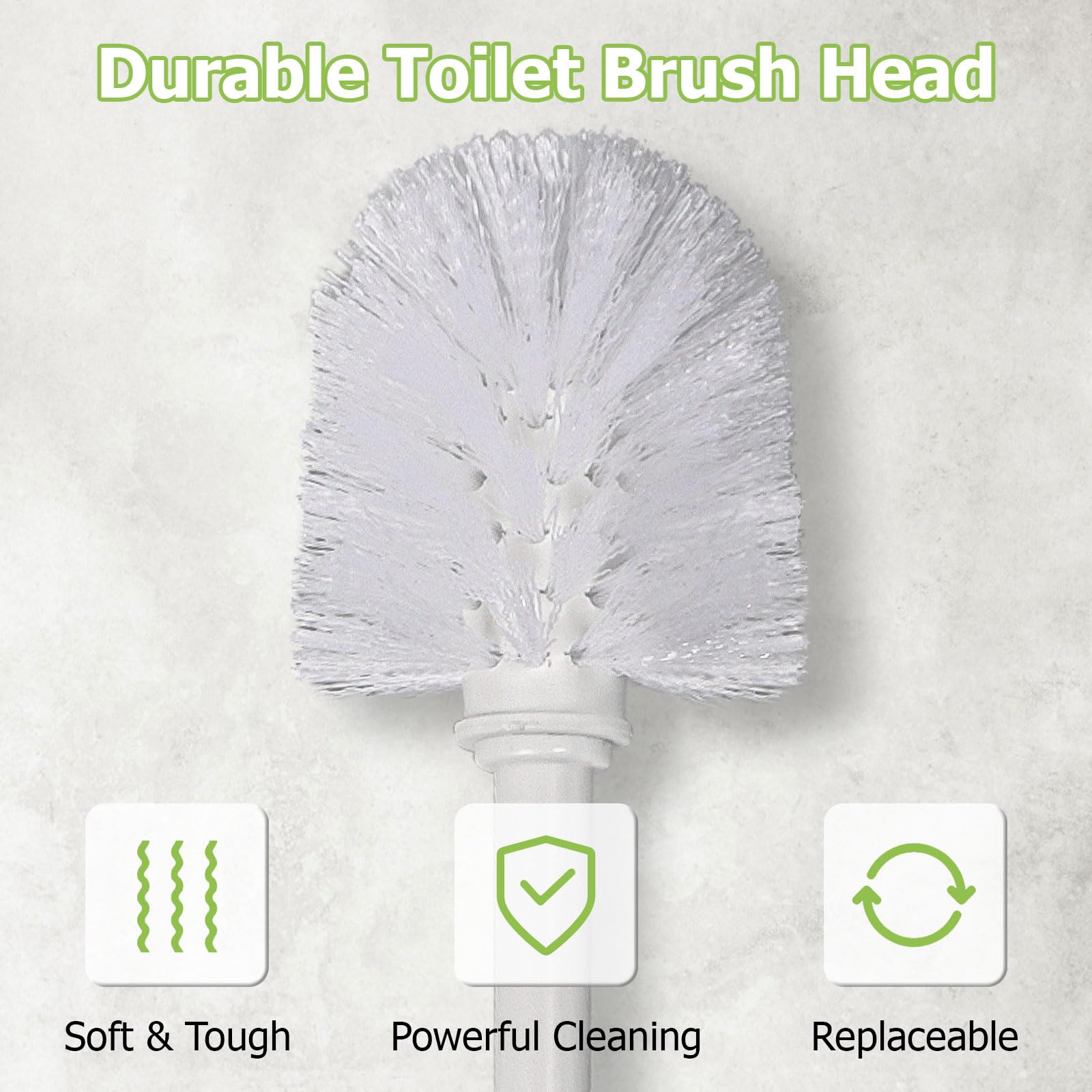 Toilet Brush and Holder Set 2‑Pack, White Plastic Toilet Brushes with 4 Replaceable Brush Heads, Vented Anti‑Drip Base, 360° Soft Dense Bristles