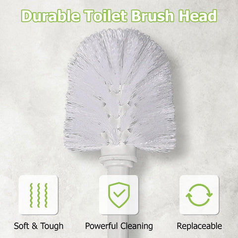 Toilet Brush and Holder Set 2‑Pack, White Plastic Toilet Brushes with 4 Replaceable Brush Heads, Vented Anti‑Drip Base, 360° Soft Dense Bristles