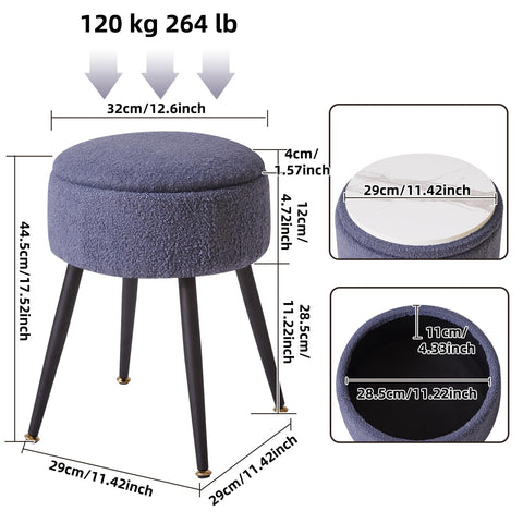 Aibiju Dressing Table Stool with Storage Space, Round Footrest Stool Ottoman, Vanity Dressing Table Chair with 4 Metal Legs for Home Living Room
