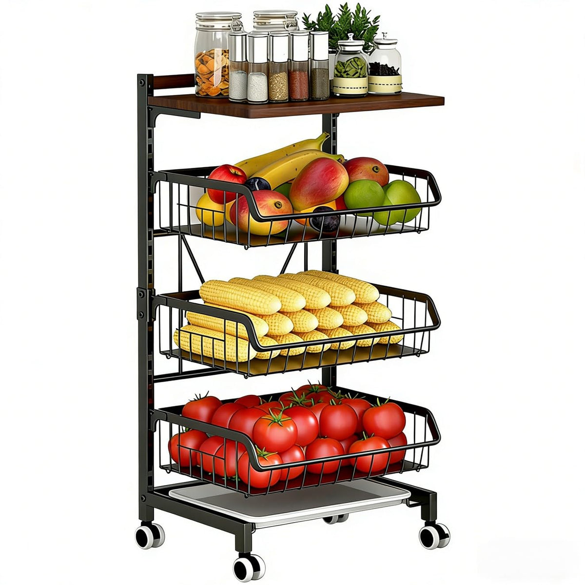 Metal Wire Adjustable Fruit Vegetable Basket on Wheels, 4-Tier Rolling Kitchen Utility Cart Storage Organizer with Wooden Top
