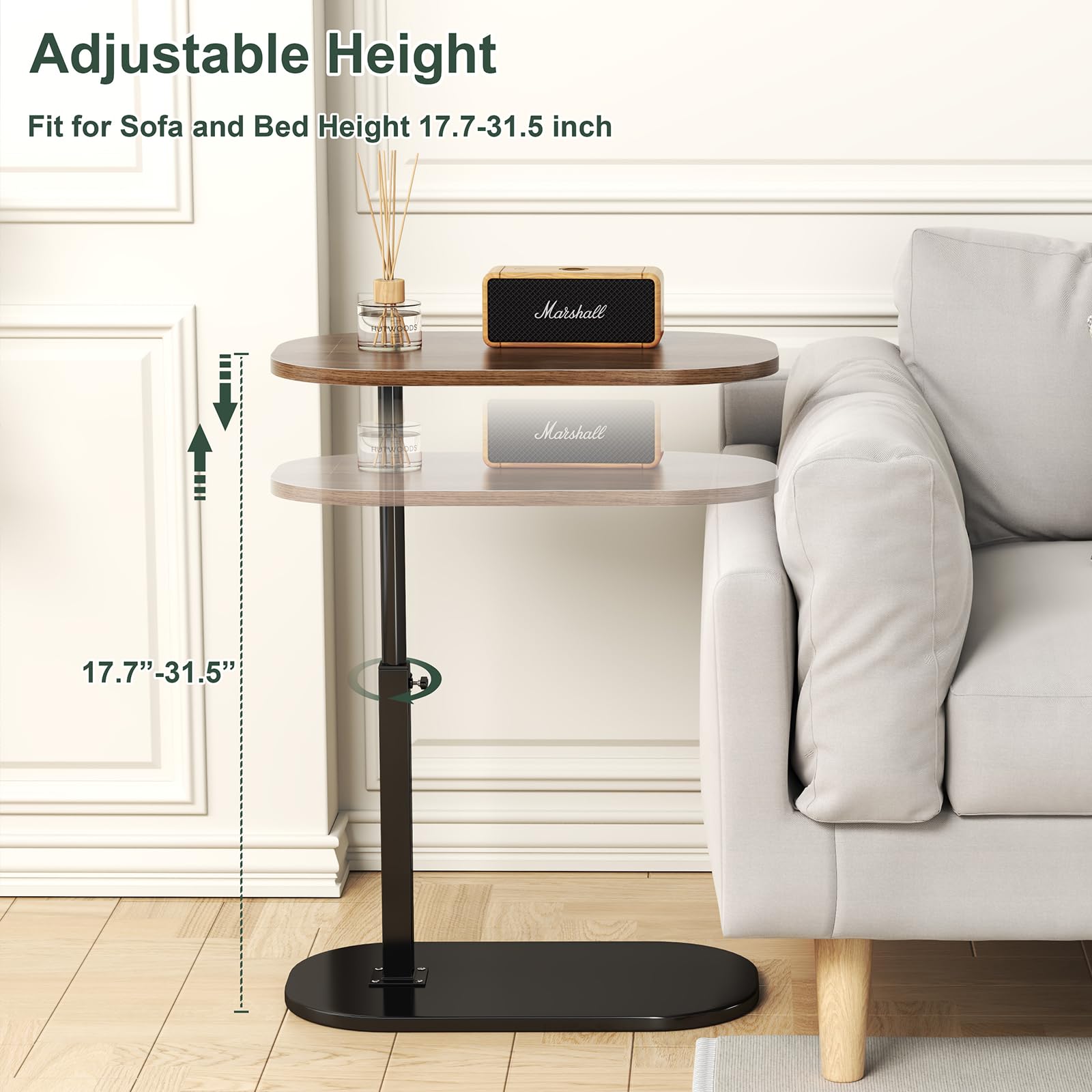 C Shaped Side Table Adjustable Height, 360°Swivel Sofa Side Table That Slide Under, Small Coffee End Table for Couch and Bedside