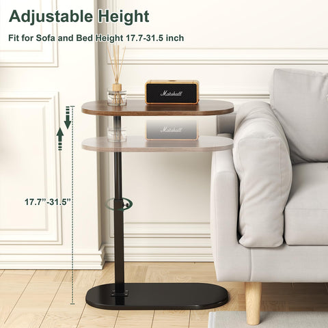 C Shaped Side Table Adjustable Height, 360°Swivel Sofa Side Table That Slide Under, Small Coffee End Table for Couch and Bedside