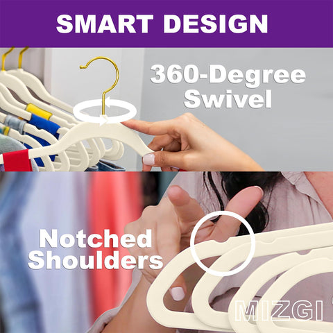 MIZGI Premium Velvet Suit Hangers - Pack of 60 Heavy Duty, Non Slip Slimline with Gold Hooks, Space Saving Ivory Velvet Hangers DK-ke-98