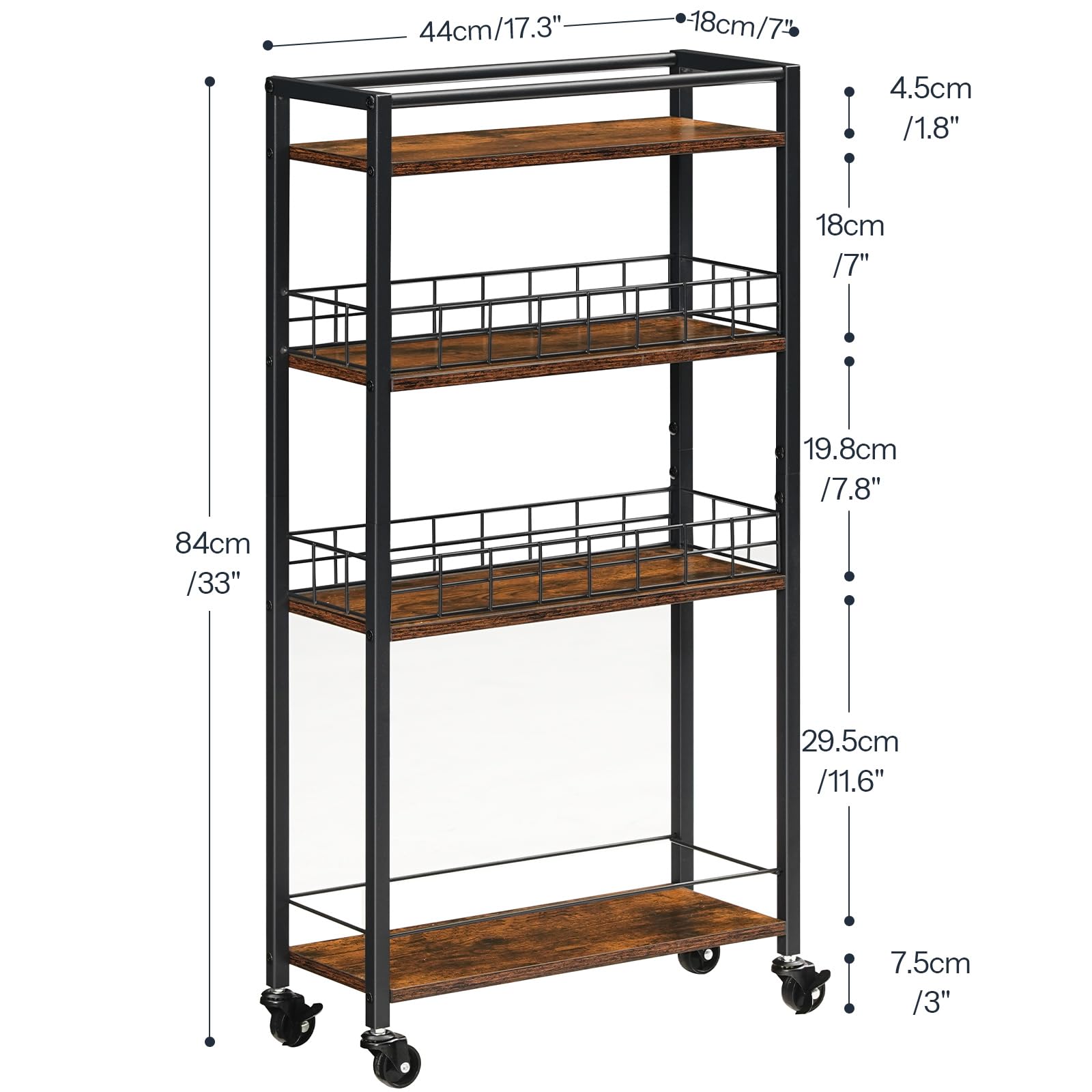 HOOBRO 4-Tier Slim Kitchen Storage Cart, Narrow Rolling Cart for Small Space, Versatile Serving Trolley on Wheels, for Kitchen, Dining Room