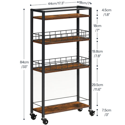 HOOBRO 4-Tier Slim Kitchen Storage Cart, Narrow Rolling Cart for Small Space, Versatile Serving Trolley on Wheels, for Kitchen, Dining Room
